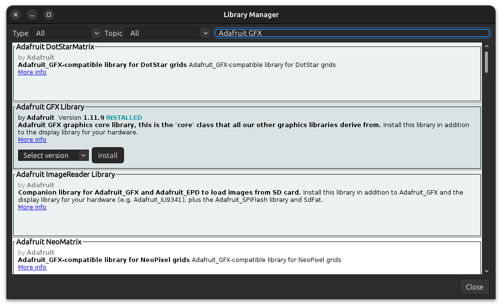 Adafruit GFX library shown in the Arduino IDE's library manager