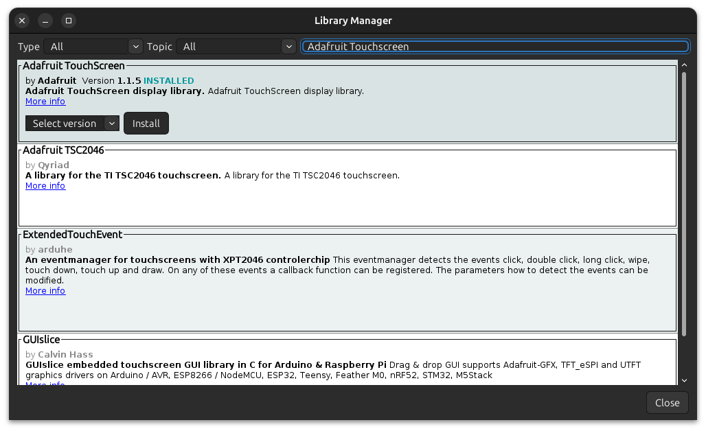 Adafruit Touchscreen library shown in the Arduino IDE's library manager