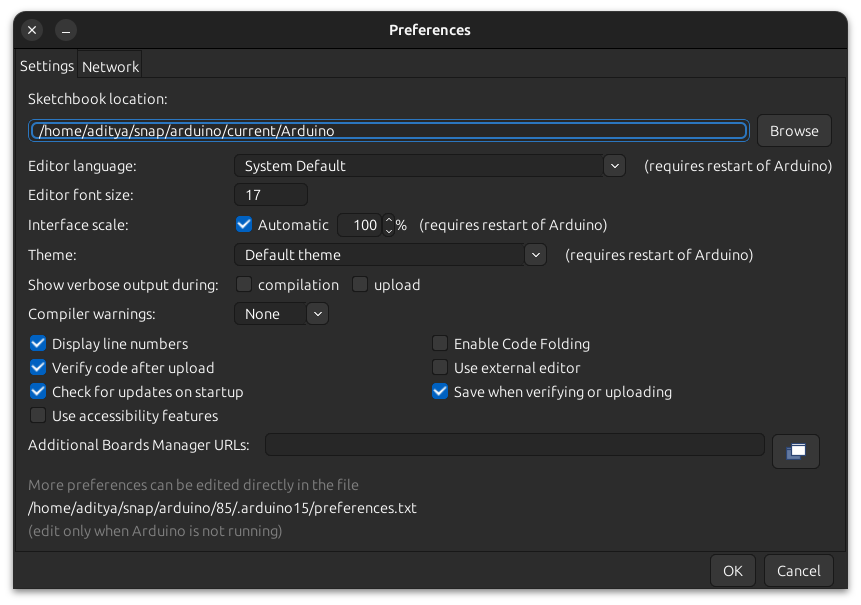 Preferences dialogue box in Arduino IDE