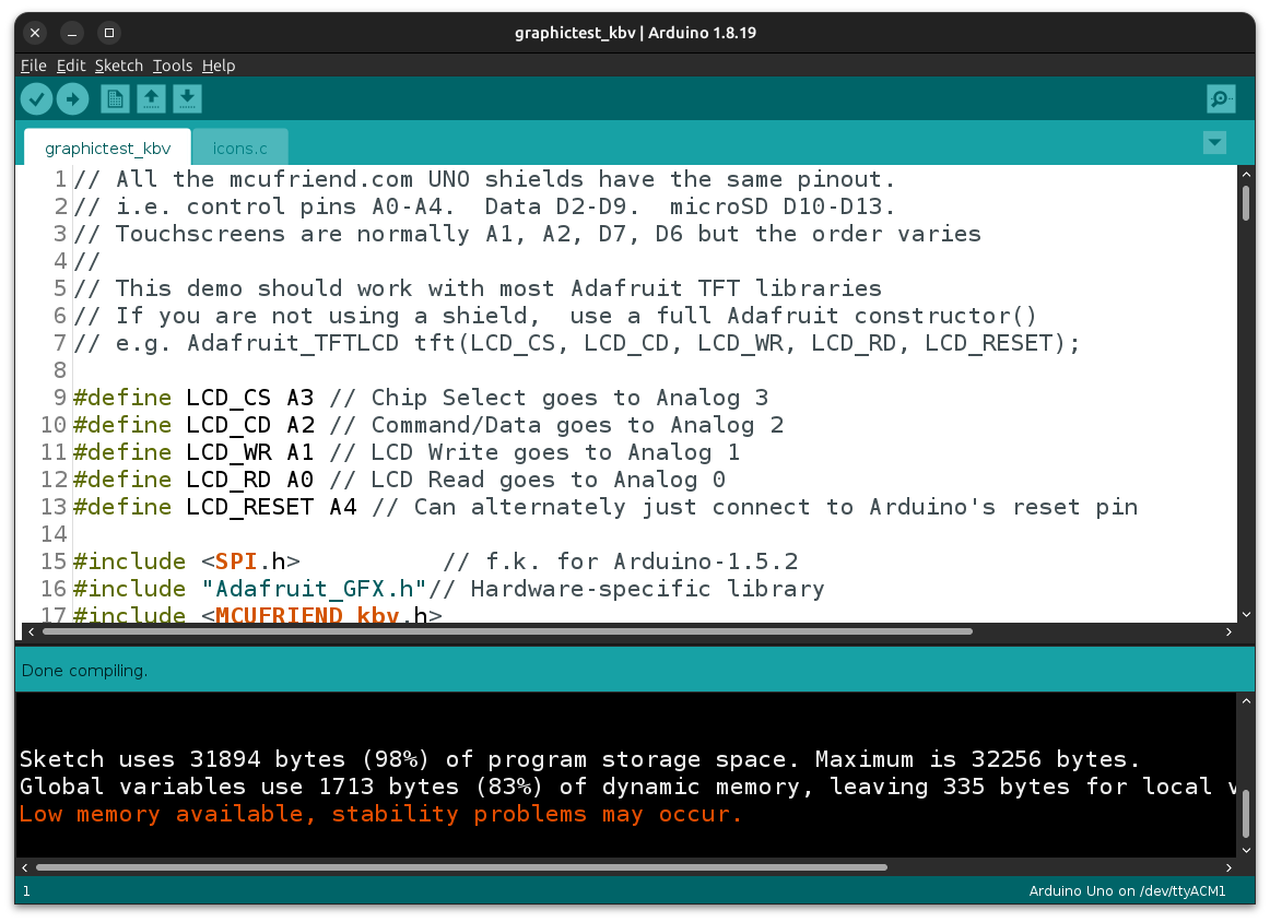 Compilation output for graphicstest_kbv on Arduino UNO R3