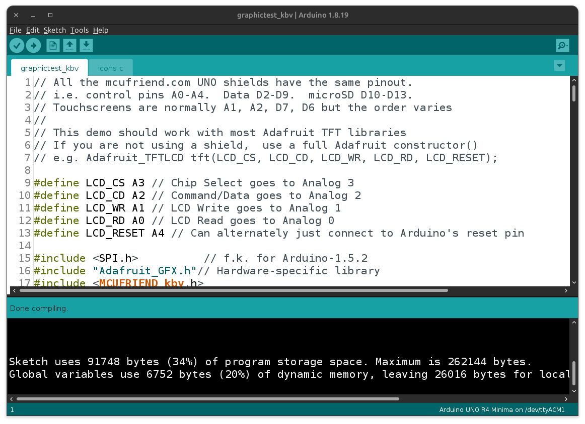 Compilation output for graphicstest_kbv on Arduino UNO R4