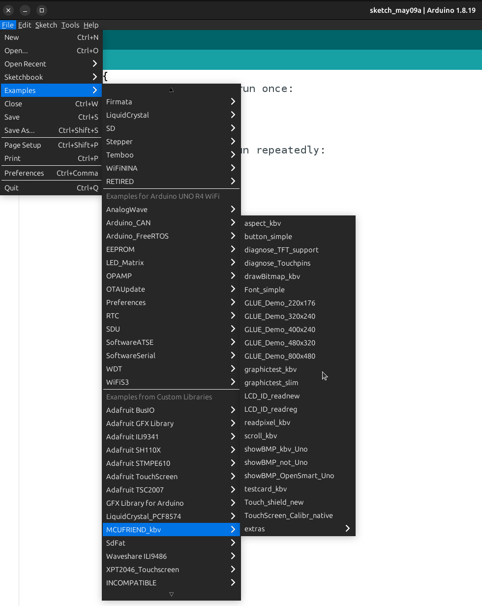 Opening the graphicstest_kbv example from the Arduino IDE